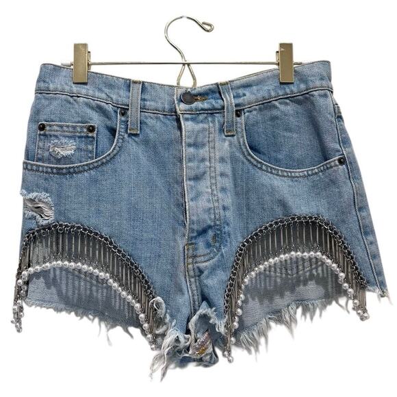 Festival Jeweled Fringe Denim Shorts Pearl Chain Cutoff Size 25 - Picture 2 of 10